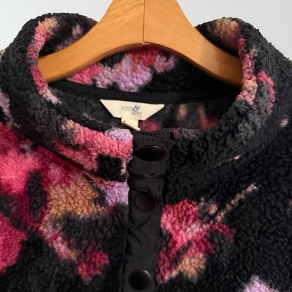 Terra & Sky Pullover Sherpa Jacket 2X Womens Black Print Pullover Snap 1/4 Neck - Picture 2 of 7